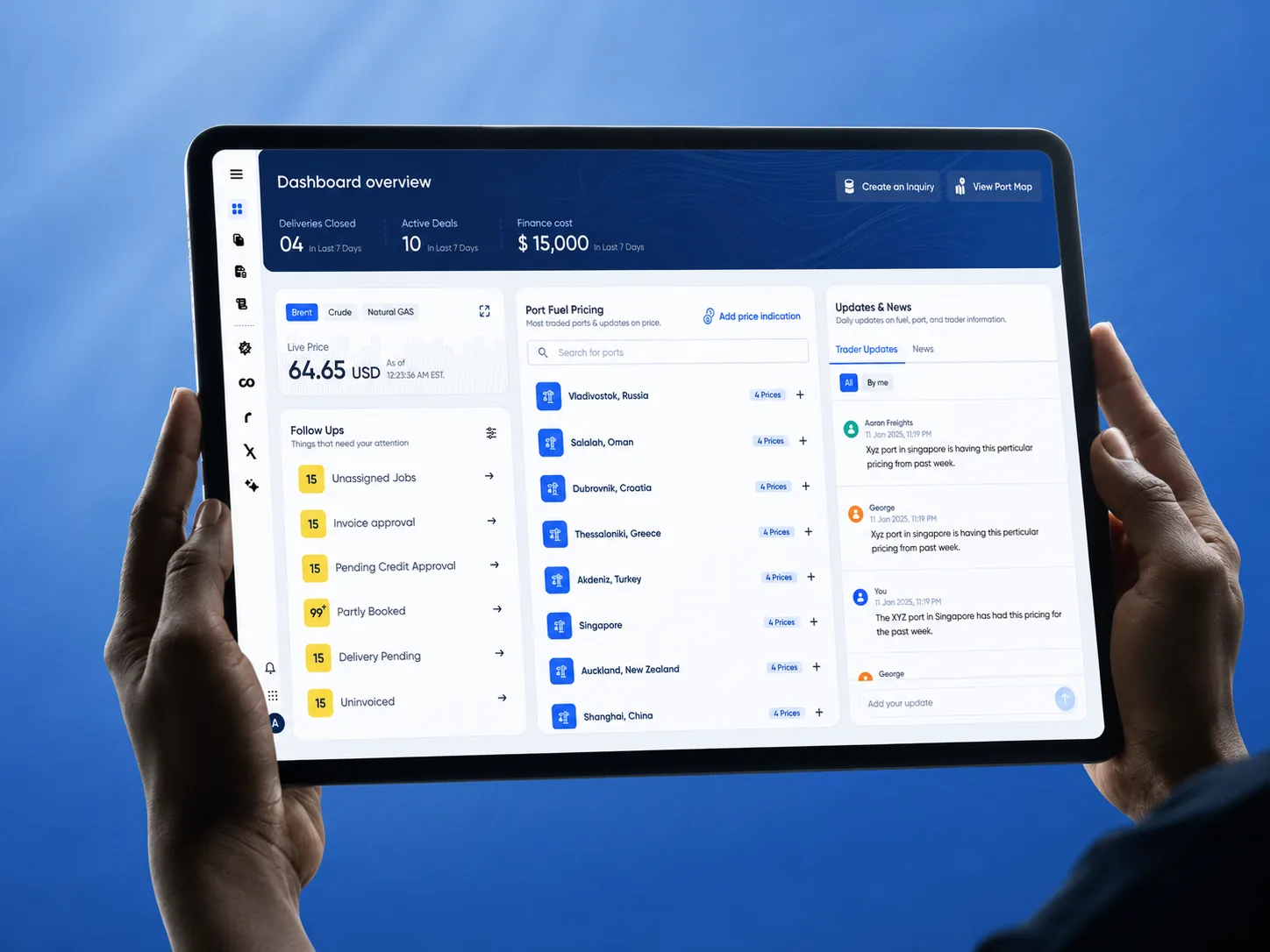 GeoStem maritime fuel trading dashboard on tablet