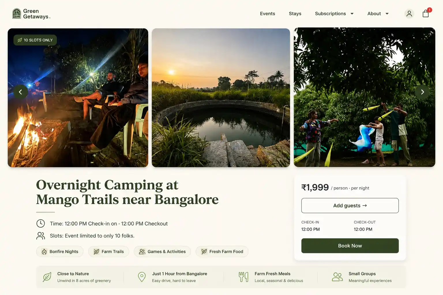 Green Getaways booking page for Overnight Camping at Mango Trails, showing the photo gallery, pricing, and booking sidebar