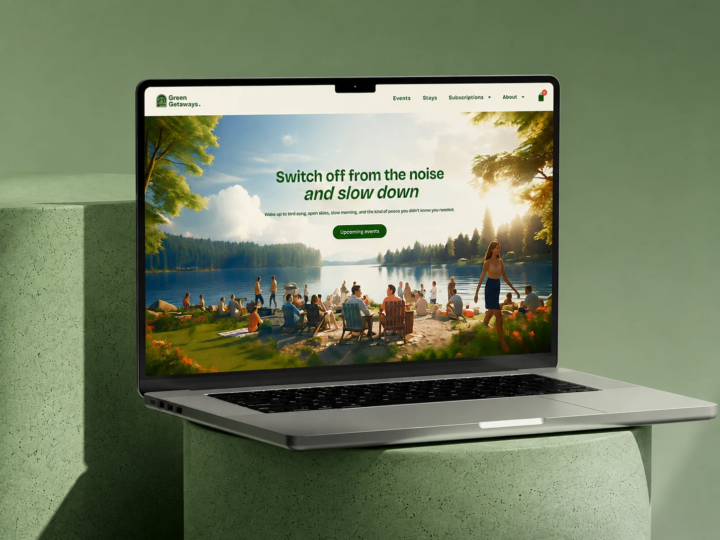 Green Getaways booking website shown on a laptop