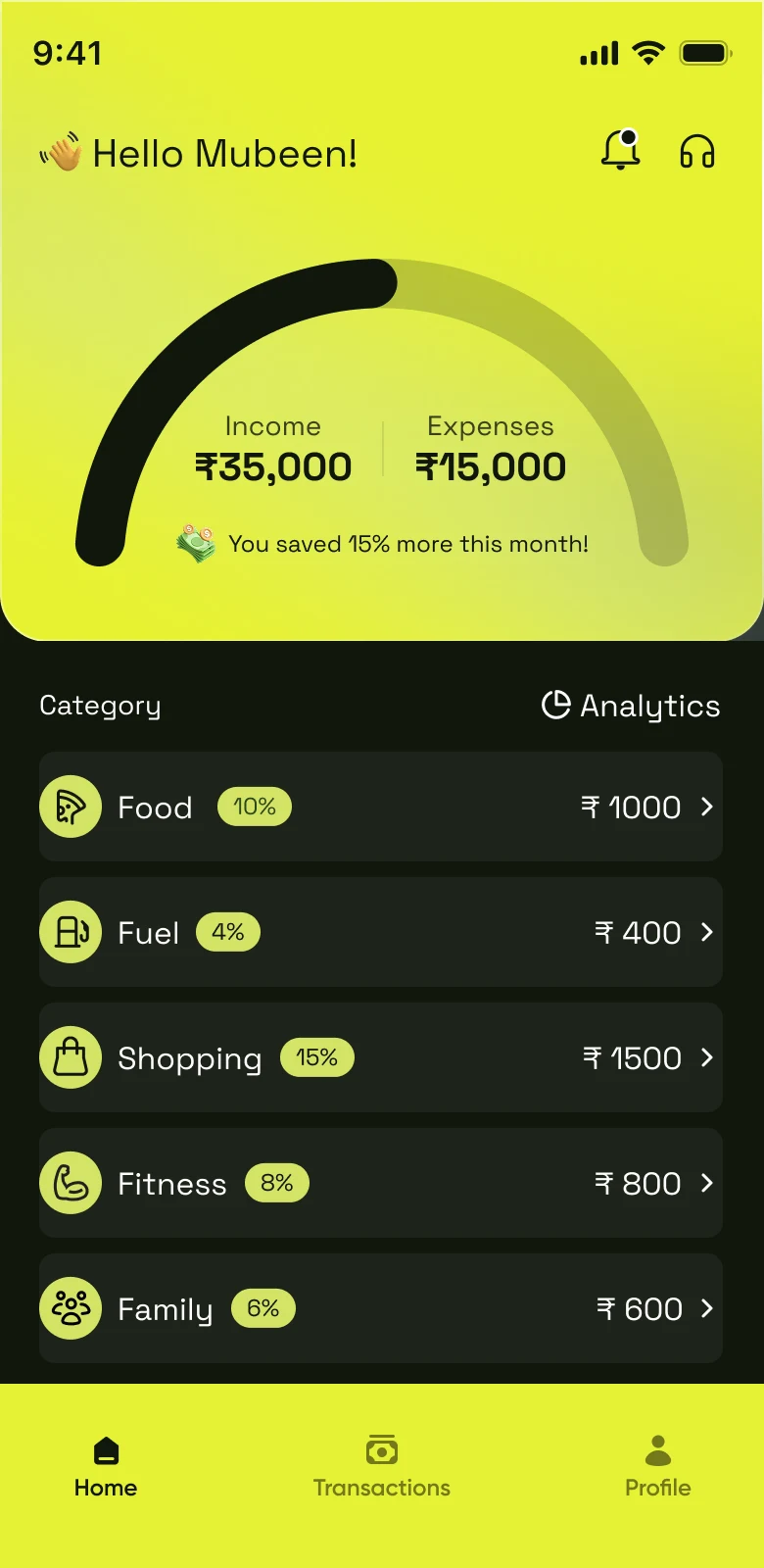 Early exploration: lime gradient home screen with income and expense gauge